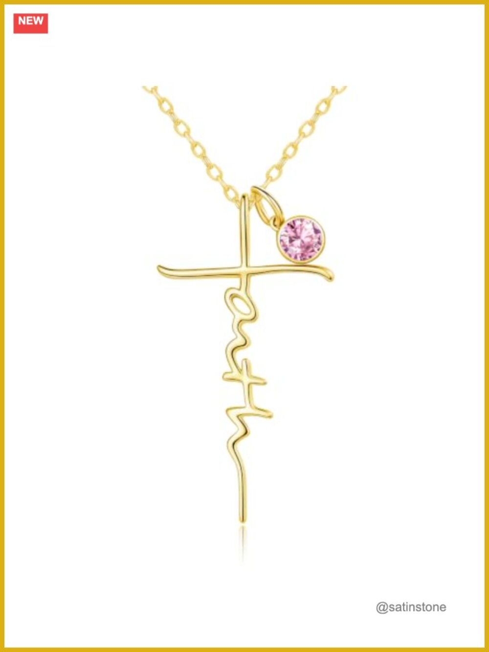 Faith Cross Birthstone Necklace October Pink Tourmaline Gold Plated Pendant